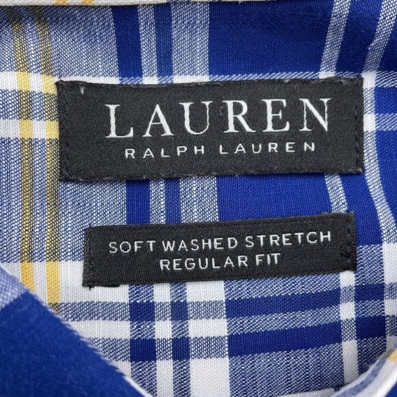 Lauren Ralph Lauren Shirt Men XLarge Blue Yellow‎ Plaid Regular Fit Soft Stretch - Picture 4 of 12